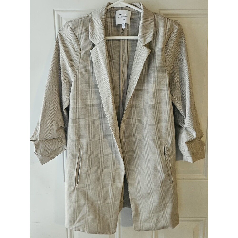 Maison d'Amélie Plaid Long Blazer Jacket Beige Gray S Polyester Viscose Spandex
